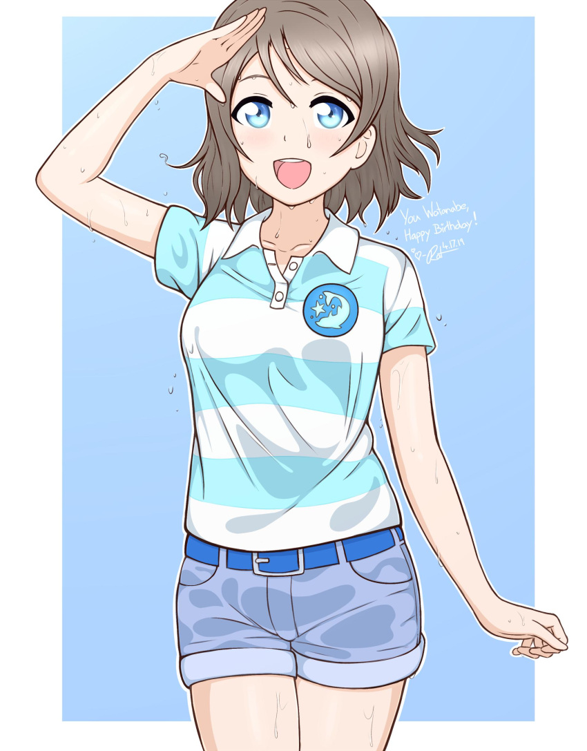 1girl absurdres blue_eyes blush brown_hair highres looking_at_viewer love_live! love_live!_sunshine!! ratsukare salute short_hair shorts simple_background smile solo thighs variant_set watanabe_you wavy_hair