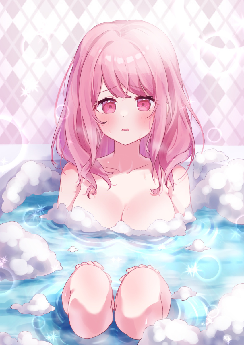 1girl absurdres bang_dream! bath bathing blush breasts cleavage collarbone hair_down highres large_breasts long_hair looking_at_viewer maruyama_aya meu203 nude open_mouth pink_eyes pink_hair solo steam sweat