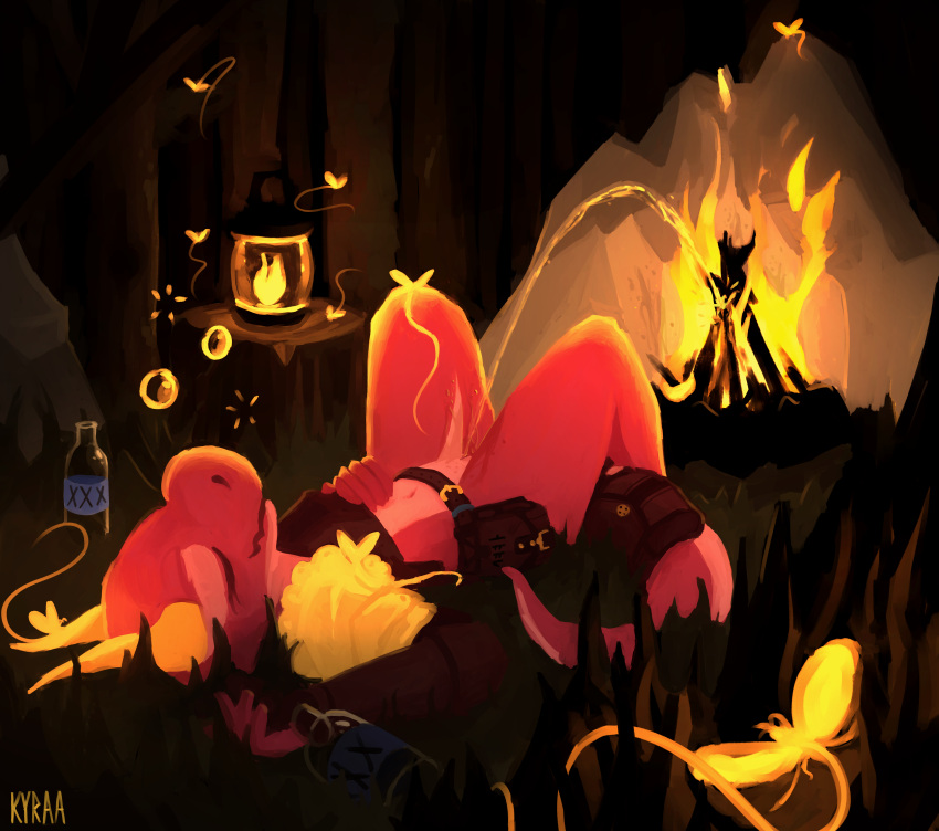 absurd_res anthro armor arthropod belt bioluminescence bodily_fluids bottle bubble campfire campsite container digital_media_(artwork) digital_painting_(artwork) drunk drunk_bubble female fire forest genital_fluids genitals glowing grass hi_res horn kobold kyraa lamp lantern lying night on_back outside pauldron peeing pink_body pink_skin plant pussy rock satchel scalie smile solo substance_intoxication tail tree tree_stump unconscious urine warm_colors