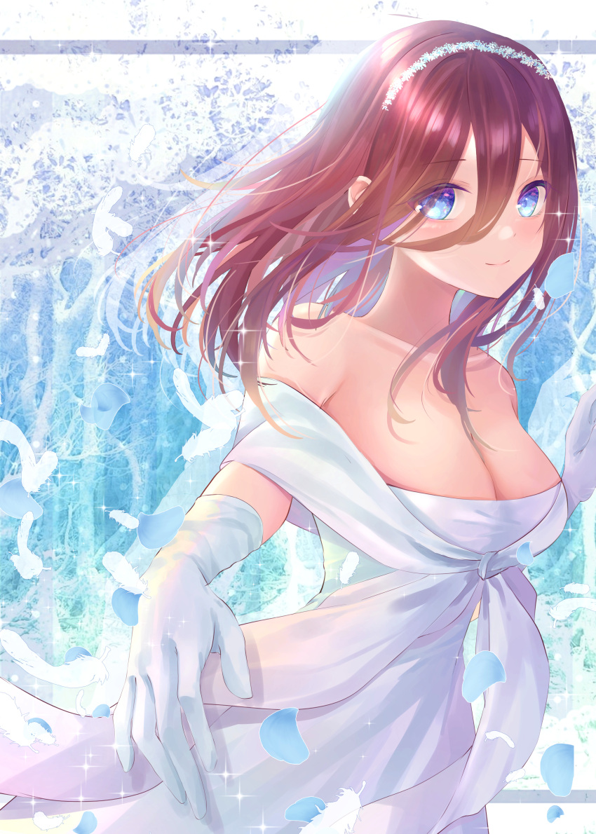 1girl absurdres bare_shoulders blue_eyes breasts bride cleavage closed_mouth collarbone dress falling_petals feathers gloves go-toubun_no_hanayome hair_ornament highres large_breasts long_hair long_hair_between_eyes looking_at_viewer nakano_miku petals reaching reaching_towards_viewer shimoyuki solo wedding_dress white_gloves