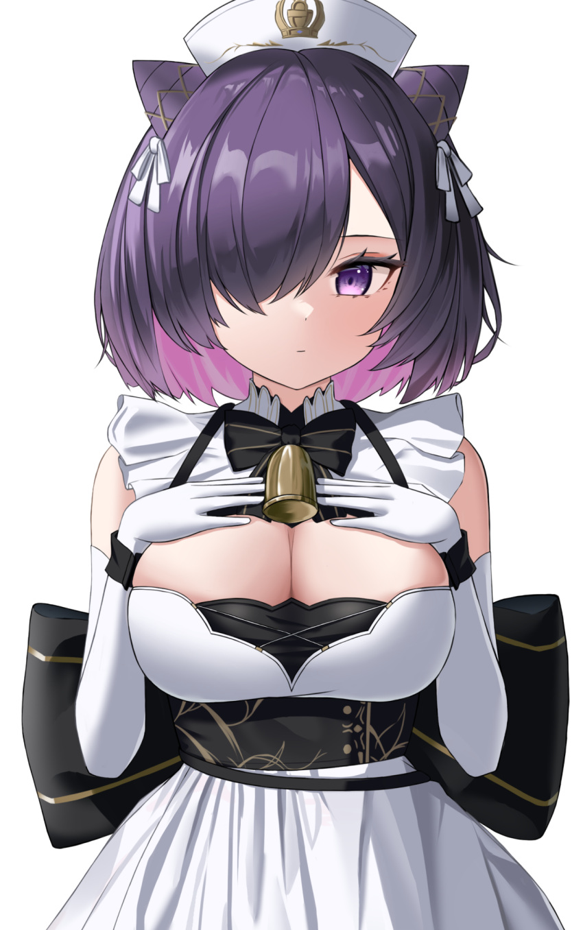 1girl azur_lane back_bow bare_shoulders bell black_bow black_bowtie black_wrist_cuffs bob_cut bow bowtie breasts cleavage closed_mouth commentary commission cone_hair_bun cowboy_shot dress elbow_gloves gloves hair_bun hair_over_one_eye hair_ribbon hands_on_own_chest hat highres jervis_(azur_lane) large_breasts looking_at_viewer neck_bell nurse_cap pixiv_commission purple_eyes purple_hair ribbon short_hair sidelocks simple_background sleeveless sleeveless_dress solo standing white_background white_dress white_gloves white_ribbon wrist_cuffs wynnblue