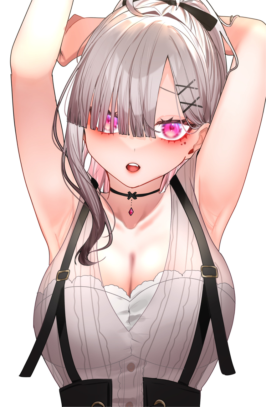 1girl absurdres ahoge arm_up armpits arms_up asymmetrical_bangs black_choker black_corset blush breasts choker cleavage corset dress embroidery eyes_visible_through_hair gomo hair_ornament hair_over_one_eye highres jewelry large_breasts long_hair looking_at_viewer mole mole_under_eye nijisanji open_mouth pendant_choker presenting_armpit see-through see-through_dress sukoya_kana sukoya_kana_(5th_costume) virtual_youtuber x x_hair_ornament