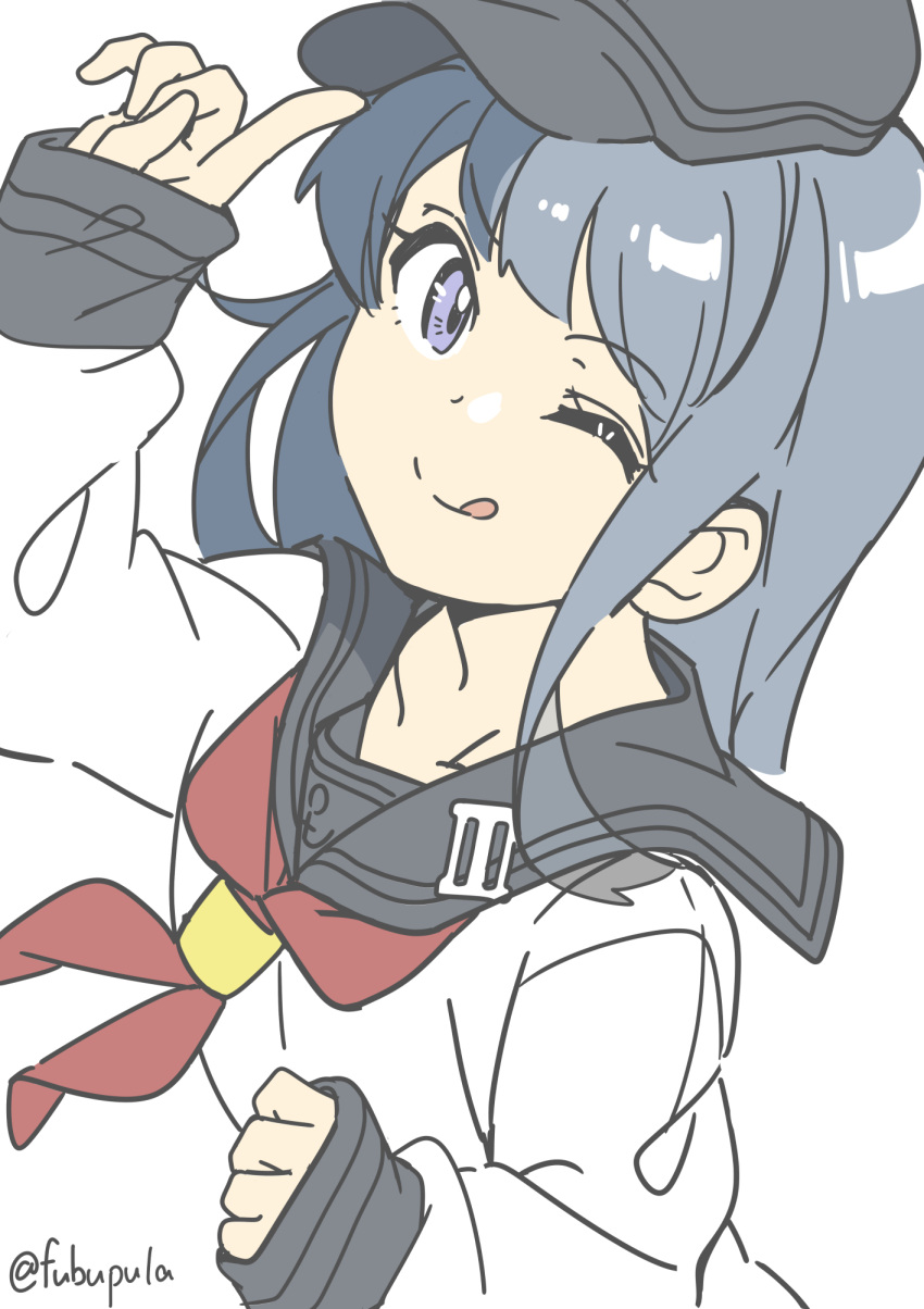 1girl :q akatsuki_(kancolle) akatsuki_kai_ni_(kancolle) black_hair black_hat black_sailor_collar blue_hair fubupula hat highres kantai_collection long_hair long_sleeves looking_at_viewer neckerchief one-hour_drawing_challenge one_eye_closed purple_eyes red_neckerchief sailor_collar school_uniform serafuku simple_background sleeves_past_wrists solo tongue tongue_out twitter_username upper_body white_background