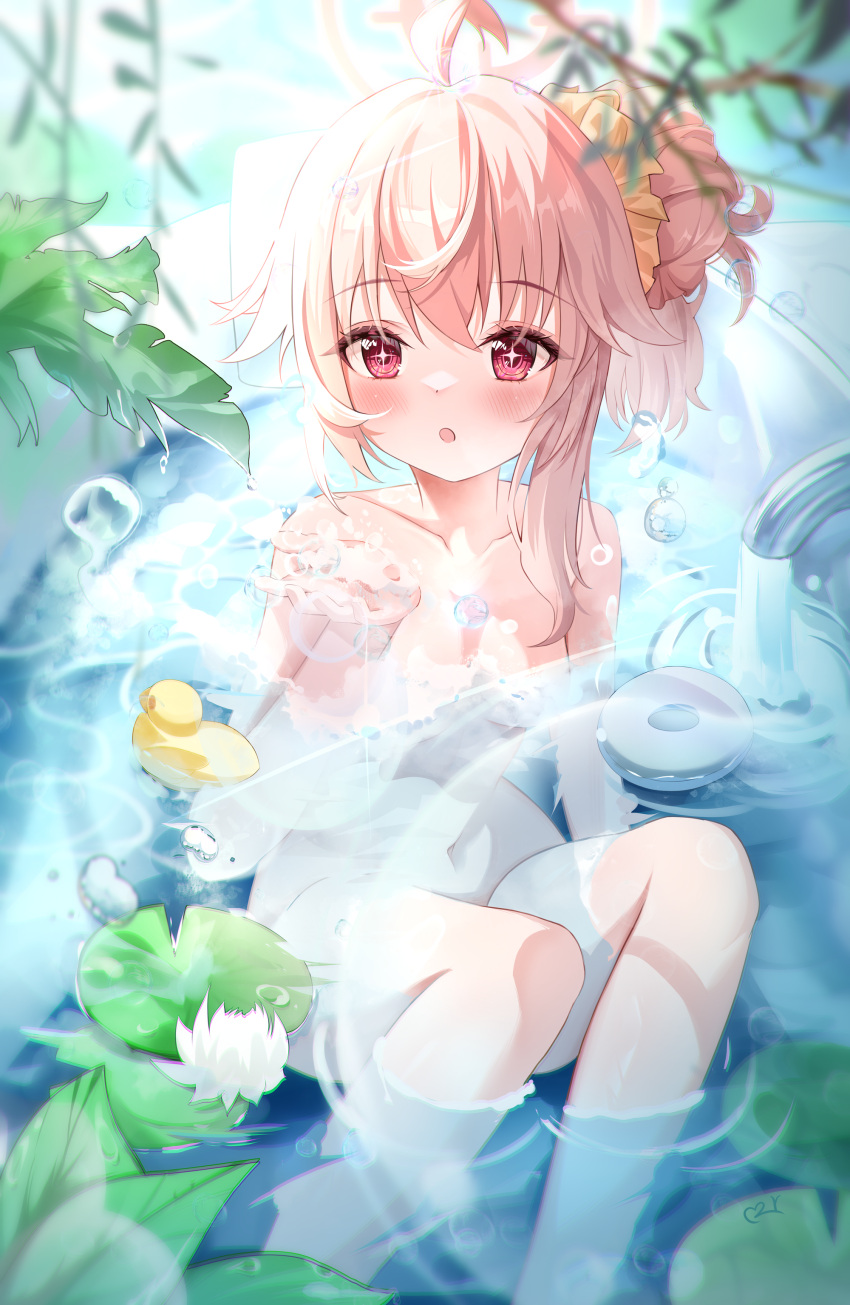 1girl absurdres blue_archive blush breasts collarbone hair_between_eyes halo highres long_hair looking_at_viewer natsu_(blue_archive) open_mouth partially_submerged pink_hair pink_halo red_eyes rubber_duck small_breasts solo teeth_bro water water_drop