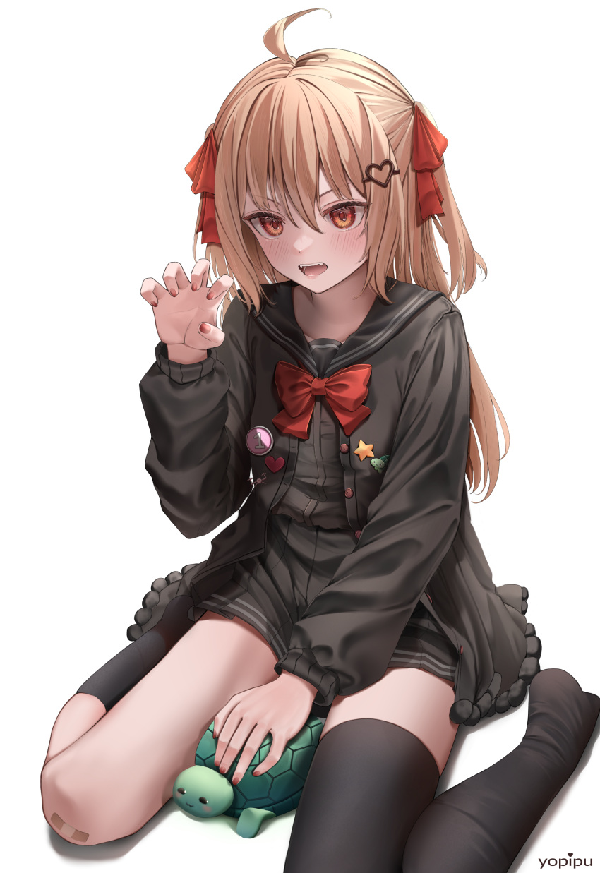 1girl absurdres ahoge bandaid bandaid_on_knee bandaid_on_leg black_cardigan black_shirt black_skirt blonde_hair blush bow cardigan claw_pose commentary evil_neuro-sama fangs hair_between_eyes hair_bow hand_on_animal hand_up heart_pin highres indie_virtual_youtuber long_hair looking_at_viewer nail_polish open_mouth red_bow red_eyes red_nails shirt short_twintails simple_background sitting skirt solo star_pin teeth tongue turtle twintails vedal987 virtual_youtuber wariza white_background yopipu