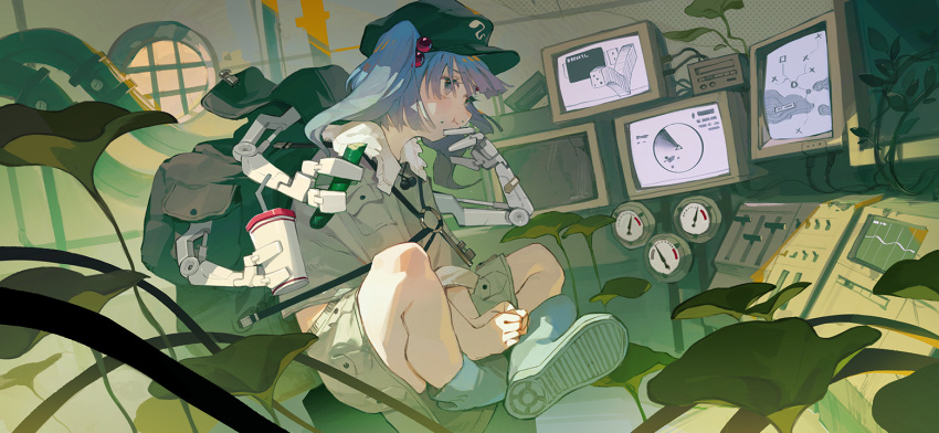 1girl aamond backpack bag black_bag blue_eyes blue_footwear blue_hair blush boots cucumber cup disposable_cup drinking_straw eating extra_arms flat_cap food food_on_face full_body gauge green_hat grey_jacket grey_shorts hair_bobbles hair_ornament hat holding holding_cup holding_food jacket kawashiro_nitori key lily_pad mechanical_arms medium_hair monitor non-web_source official_art own_hands_together rubber_boots second-party_source shorts sitting solitaire solo touhou touhou_gensou_eclipse twintails