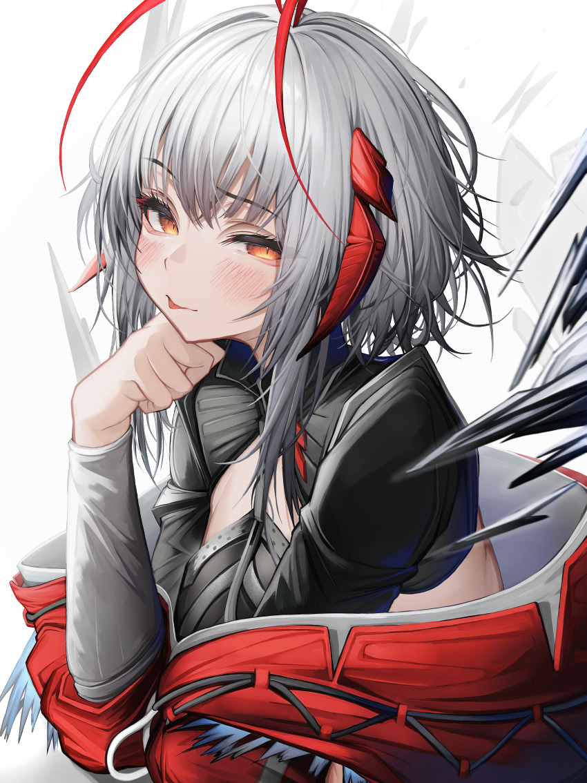 1girl :p absurdres antenna_hair arknights blush commentary_request grey_hair highres horns jacket long_sleeves looking_at_viewer medium_hair orange_eyes red_hair red_horns red_jacket sidelocks simple_background solo tab_head tongue tongue_out w_(arknights) white_background