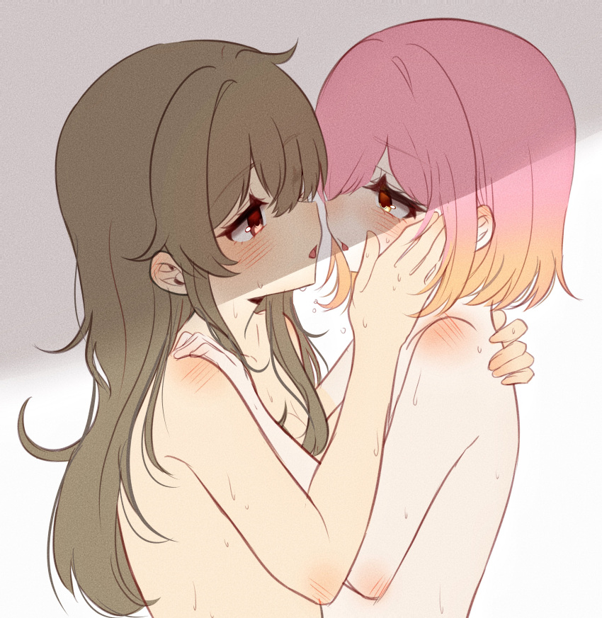2girls absurdres arm_around_shoulder blonde_hair blush breasts brown_eyes brown_hair cleavage d4dj eye_contact face-to-face from_side gradient_background gradient_hair grey_background hair_between_eyes hand_on_another's_back hand_on_another's_cheek hand_on_another's_face hand_on_another's_shoulder hands_up highres inuyose_shinobu long_hair looking_at_another multicolored_hair multiple_girls nude parted_lips pink_hair profile royyy999 shade short_hair sweat two-tone_hair upper_body wavy_hair white_background yamate_kyouko yellow_eyes yuri