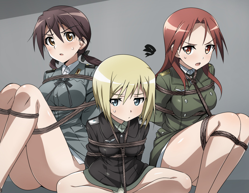 absurdres ass bdsm blonde_hair blush bondage bound breasts brown_eyes brown_hair closed_mouth erica_hartmann gertrud_barkhorn gn_002 grey_background hair_ribbon highres large_breasts long_hair looking_at_viewer military_uniform minna-dietlinde_wilcke open_mouth panties red_eyes red_hair restrained ribbon shibari short_hair simple_background small_breasts strike_witches sweat tied_up_(nonsexual) twintails underwear uniform white_panties world_witches_series