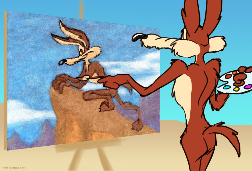 3_toes 4_fingers abstract_background anthro barefoot belly biped black_eyes black_nose blue_sky brown_body brown_fur brush butt butt_pose canid canine canis cliff cloud colored countershade_torso countershading coyote crouching desert digital_drawing_(artwork) digital_media_(artwork) digital_painting_(artwork) easel eyebrows feet fingers flat_colors fur half-closed_eyes holding_brush holding_object holding_paint_palette holding_paintbrush kneeling looney_tunes male mammal mountain narrowed_eyes nude on_one_knee paint paint_palette paintbrush painting painting_(action) painting_(object) paws pecs pinup plantigrade pose raised_tail rear_view rock sketch sky smile solo spine spying standing standing_on_rocks standing_on_toes stevethedragon tail tan_belly tan_body tan_eyebrows tan_fur toes warner_brothers watching_from_afar wile_e._coyote yellow_sclera