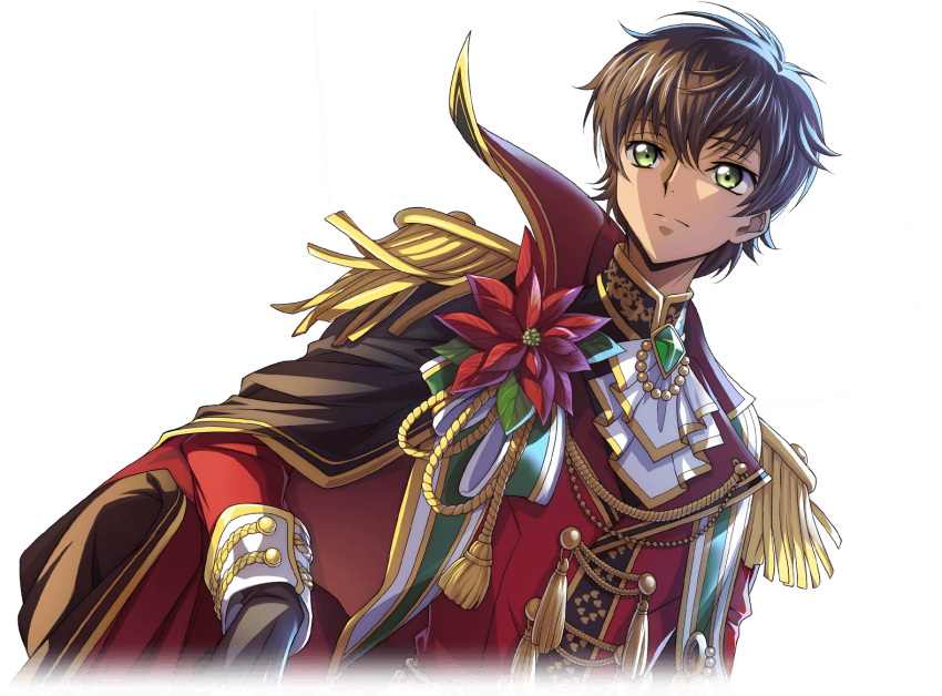 1boy artist_request ascot backlighting black_cloak black_gloves brooch brown_hair cloak closed_mouth coat code_geass code_geass:_lost_stories cropped_torso dutch_angle epaulettes expressionless flower game_cg gem gloves green_eyes green_gemstone green_ribbon high_collar jewelry kururugi_suzaku long_sleeves looking_afar male_focus military_uniform non-web_source official_art red_coat red_flower ribbon rope short_hair simple_background solo split_mouth standing tassel transparent_background two-sided_cloak two-sided_fabric uniform upper_body white_ascot