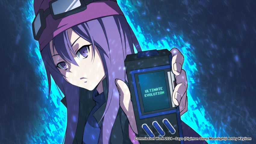 1girl absurdres artist_name aura black_jacket blue_shirt character_name commission dark_background digimon digimon_savers digimon_story:_sunburst_and_moonlight digivice_burst english_text goggles goggles_on_head goggles_on_headwear hat highres holding jacket keyliom long_hair looking_at_viewer parody purple_eyes purple_hair purple_hat sayo_(digimon) scene_reference second-party_source shirt solo upper_body