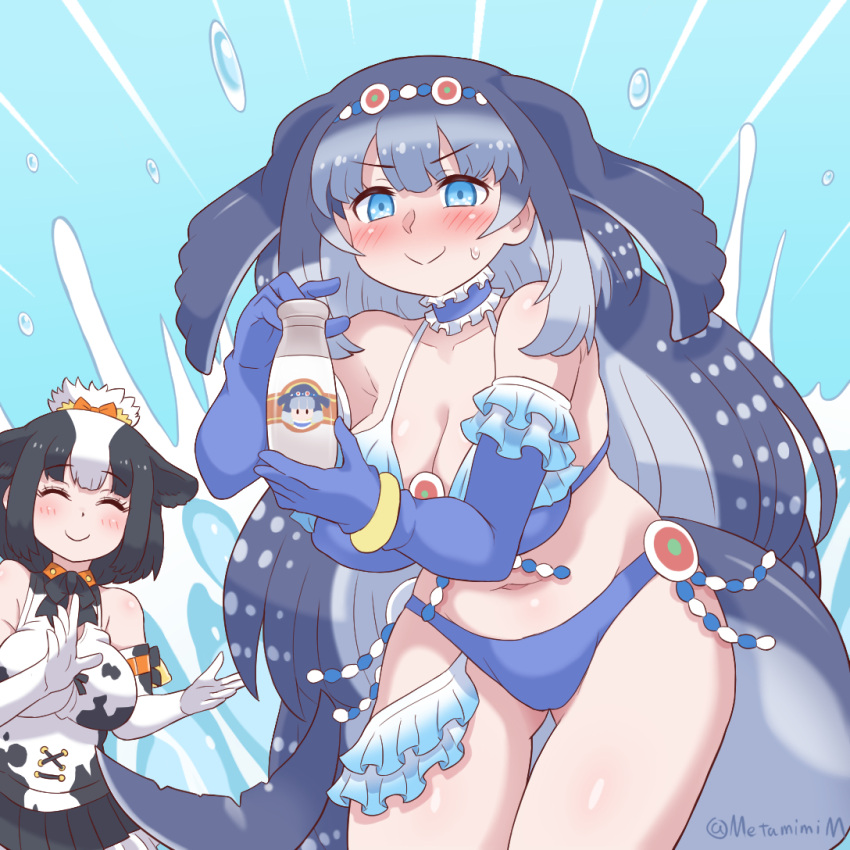 2girls animal_ears animal_print bare_shoulders bikini black_bow black_bowtie black_hair black_skirt blue_bikini blue_choker blue_eyes blue_gloves blue_hair blush bottle bow bowtie cetacean_tail choker closed_eyes collar collared_shirt cow_ears cow_girl cow_print cowboy_shot elbow_gloves extra_ears fins fish_tail frilled_bikini frilled_choker frilled_gloves frills gloves grey_hair hair_between_eyes hair_bun head_fins holstein_friesian_cattle_(kemono_friends) kemono_friends long_hair metamimi midriff milk_bottle multicolored_hair multiple_girls navel orange_collar pleated_skirt print_shirt shirt short_hair sidelocks skirt sleeveless smile steller's_sea_cow_(kemono_friends) sweatdrop swimsuit tail two-tone_hair white_gloves white_hair