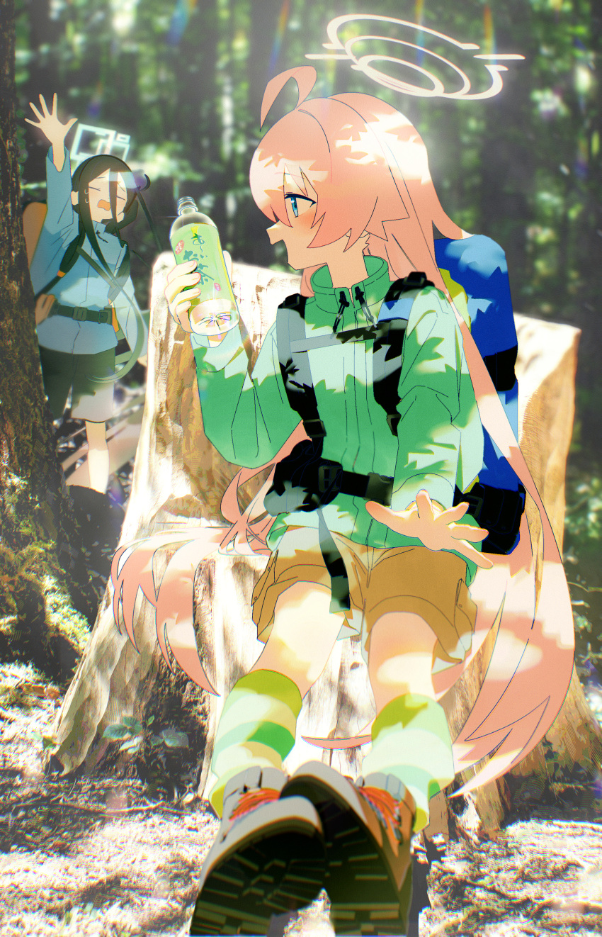 2girls absurdres aris_(blue_archive) backpack bag blue_archive blue_hair blue_jacket bm_tol cargo_shorts dark_blue_hair exhausted forest green_jacket green_tea halo hand_up highres hoshino_(blue_archive) jacket leg_warmers long_hair_between_eyes multiple_girls nature pink_hair shorts tea tree_stump