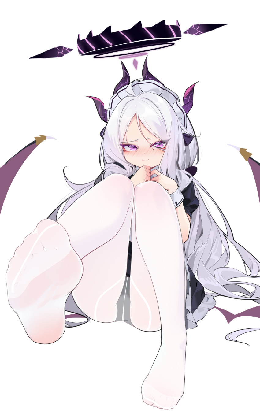 1girl absurdres black_horns blue_archive blush closed_mouth demon_horns demon_wings halo highres hina_(blue_archive) horns long_hair multiple_horns painterliuhao pantyhose puffy_short_sleeves puffy_sleeves purple_eyes purple_wings short_sleeves simple_background soles solo toes white_background white_hair white_pantyhose wings wrist_cuffs