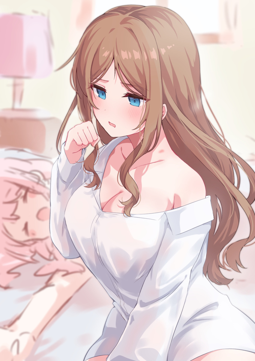 2girls absurdres bang_dream! bang_dream!_it's_mygo!!!!! blue_eyes blush breasts brown_hair chihaya_anon cleavage collarbone collared_shirt commentary_request dress_shirt guy_tired_after_sex_(meme) hickey highres indoors large_breasts long_hair long_sleeves lying meme meu203 multiple_girls nagasaki_soyo on_bed open_mouth pink_hair shirt sidelocks single_off_shoulder white_shirt yuri