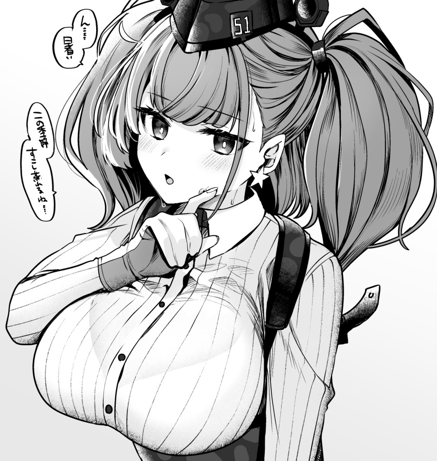 1girl anchor_hair_ornament atlanta_(kancolle) breasts dress_shirt earrings garrison_cap gloves greyscale hair_ornament hat highres jewelry kantai_collection large_breasts long_sleeves looking_at_viewer monochrome puffy_long_sleeves puffy_sleeves shirt solo star_(symbol) star_earrings sweat two_side_up upper_body yunamaro