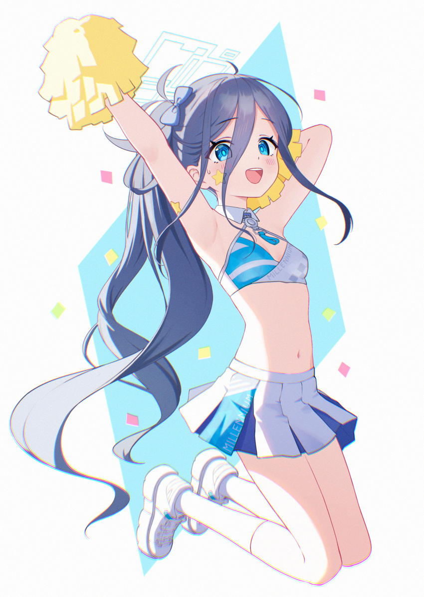 1girl absurdly_long_hair absurdres aris_(blue_archive) armpits black_hair blue_archive blue_eyes blue_halo blush breasts cheering cheerleader cosplay full_body halo hibiki_(blue_archive) hibiki_(blue_archive)_(cosplay) hibiki_(cheer_squad)_(blue_archive) highres holding holding_pom_poms long_hair millennium_cheerleader_outfit_(blue_archive) navel open_mouth pom_pom_(cheerleading) ringed_eyes shoes small_breasts smile socks solo supersugar very_long_hair white_footwear white_socks