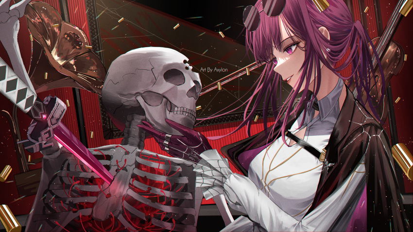 1girl absurdres axylon black_jacket cello cleavage_cutout clothing_cutout collared_shirt eyewear_on_head gloves grin hand_on_another's_chin highres honkai:_star_rail honkai_(series) instrument jacket kafka_(honkai:_star_rail) katana looking_at_another open_clothes open_jacket parted_lips phonograph pink_lips ponytail purple_eyes purple_gloves purple_hair red_spider_lily round_eyewear shell_casing shirt sidelocks skeleton smile solo spider_web_print sunglasses sword upper_body weapon white_shirt