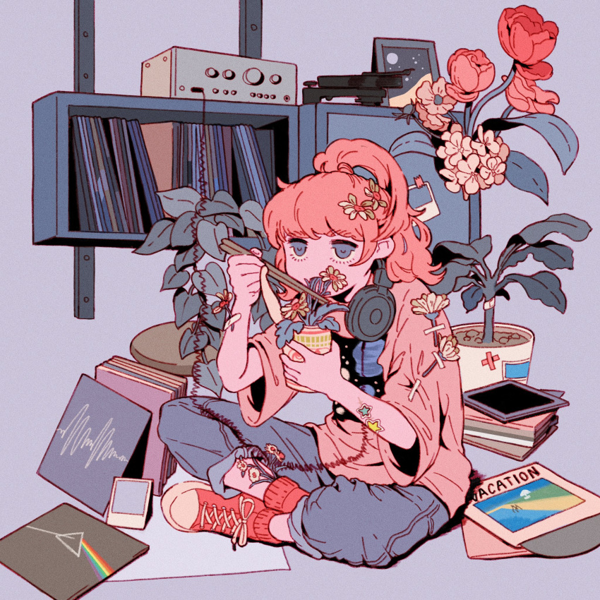 03moonmoonmoon 1girl a_long_vacation arctic_monkeys blue_eyes blue_pants blunt_bangs book book_stack bookshelf chopsticks crossed_ankles cup cup_ramen eating flower full_body hair_flower hair_ornament high_ponytail highres holding holding_chopsticks holding_cup long_hair long_sleeves looking_ahead looking_at_viewer orange_flower orange_hair orange_shirt original pants pants_rolled_up picture_frame pink_floyd plant polaroid potted_plant print_shirt radio record_jacket red_footwear shirt shoes sidelocks sitting sneakers solo white_flower