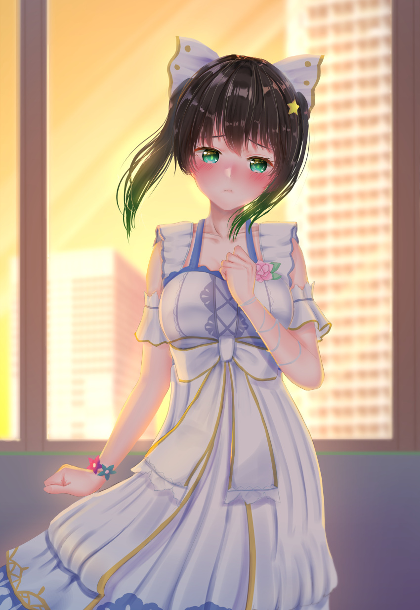 1girl absurdres anata_no_risou_no_heroine arm_garter black_hair blush bow bracelet closed_mouth collarbone cosplay dress dress_flower flower flower_bracelet frills gradient_hair green_eyes green_hair hair_bow hair_ornament highres jewelry looking_at_viewer love_live! love_live!_nijigasaki_high_school_idol_club medium_hair multicolored_hair osaka_shizuku osaka_shizuku_(cosplay) panaham solo takasaki_yu twintails two-tone_hair white_dress wrist_flower