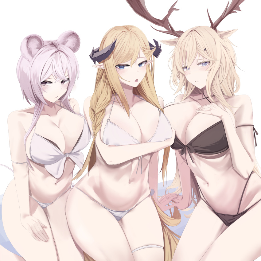 3girls absurdres alternate_costume animal_ears antlers arknights bare_shoulders bikini black_bikini blonde_hair blue_eyes breasts deer_antlers deer_ears deer_girl dkzksp dragon_horns front-tie_bikini_top front-tie_top highres horns korean_commentary large_breasts lin_(arknights) long_hair looking_at_viewer mouse_ears mouse_girl multiple_girls navel pink_hair pointy_ears saileach_(arknights) simple_background stomach swimsuit very_long_hair viviana_(arknights) white_background white_bikini