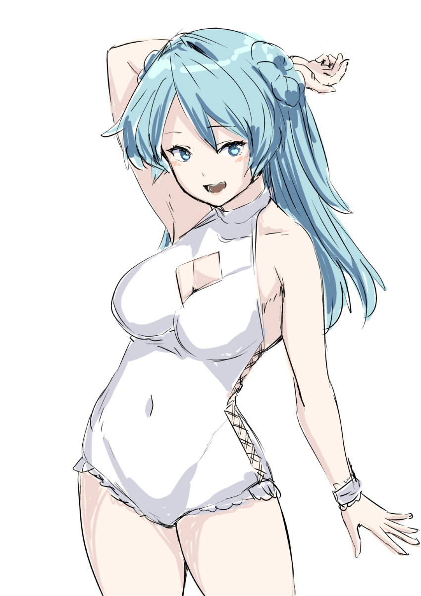 1girl 30-06 alternate_costume blue_eyes blue_hair breasts casual_one-piece_swimsuit cleavage cleavage_cutout closed_eyes clothing_cutout cross-laced_clothes cross-laced_one-piece_swimsuit diamond_cutout double_bun frilled_one-piece_swimsuit frills hair_bun highres kantai_collection long_hair medium_breasts one-piece_swimsuit simple_background solo standing swimsuit urakaze_(kancolle) white_background white_one-piece_swimsuit wristband