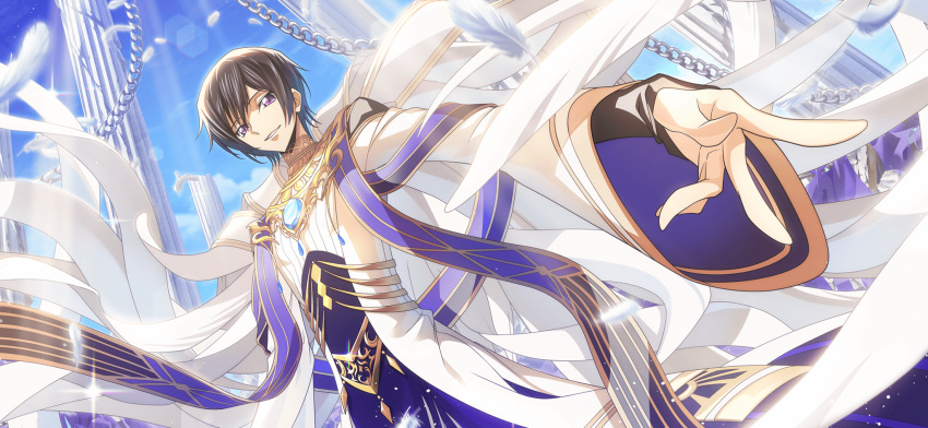 1boy artist_request black_hair blue_gemstone blue_sky brooch chain coat code_geass code_geass:_lost_stories day feathers game_cg gem half-closed_eyes happy highres jewelry layered_sleeves lelouch_vi_britannia lens_flare light_rays long_sleeves looking_at_viewer male_focus non-web_source official_art outdoors outstretched_arm parted_lips pillar purple_eyes reaching reaching_towards_viewer short_hair sidelocks sky smile solo sparkle standing sunlight teeth upper_body white_coat white_feathers wide_sleeves