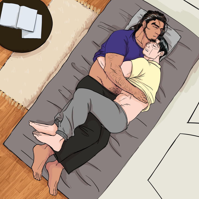 2boys absurdres bara belly closed_eyes clothes_lift contemporary couple cuddling dark-skinned_male dark_skin facial_hair from_above full_body futon goatee_stubble golden_kamuy hair_down hair_slicked_back hairy hand_under_clothes hand_under_shirt head_on_head head_rest highres hug interracial kikuta_mokutaro lifting_another's_clothes long_hair loose_hair_strand lying male_focus mature_male midriff_peek multiple_boys muscular muscular_male mutual_hug on_bed on_side pectorals plump rikimatsu_ariko scar scar_on_face scar_on_forehead shirt shirt_lift short_hair sleeping stubble t-shirt thick_arm_hair thick_eyebrows thick_navel_hair wrrmfla yaoi