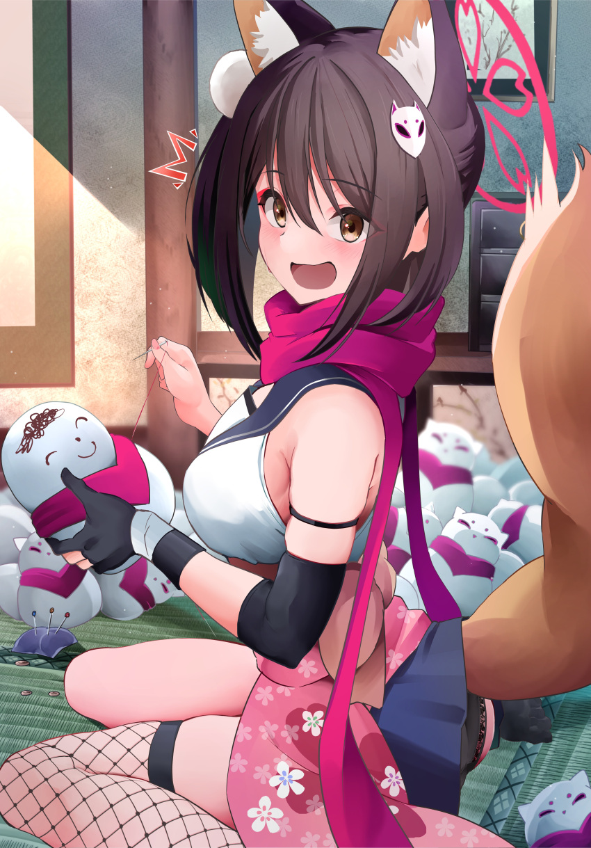 1girl absurdres animal_ear_fluff animal_ears asymmetrical_legwear black_gloves black_hair black_panties black_sailor_collar black_skirt black_socks blue_archive blush breasts doodle_sensei_(blue_archive) extra_ears eyeshadow fishnet_thighhighs fishnets fox_ears fox_tail gloves halo highres indoors izuna_(blue_archive) looking_at_viewer makeup medium_breasts mismatched_legwear open_mouth panties partially_fingerless_gloves pink_halo pink_scarf pleated_skirt red_eyeshadow sailor_collar scarf sensei_(blue_archive) sezok short_hair single_thighhigh sitting skirt socks solo tail tatami thighhighs underwear wariza yellow_eyes