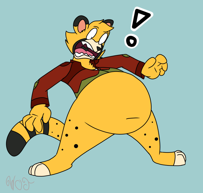 absurd_res belly big_belly cheetah clothed clothing felid feline fur hi_res jacket kimbe_(twende) male mammal overweight pantsless shocked topwear twende_(series) weight_gain wot yellow_body yellow_fur