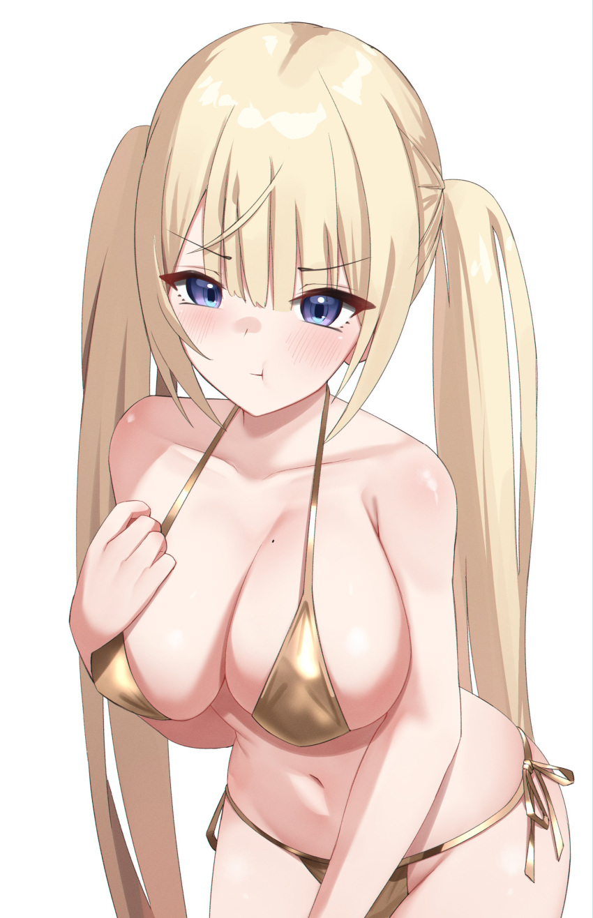 1girl absurdres alternate_breast_size bare_shoulders bikini blonde_hair blue_eyes blush breasts cleavage collarbone hair_between_eyes highres hololive hololive_english large_breasts long_hair looking_at_viewer mole mole_on_breast navel panties pout side-tie_panties simple_background skaarl_(artist) solo swimsuit twintails underwear very_long_hair virtual_youtuber watson_amelia white_background yellow_bikini