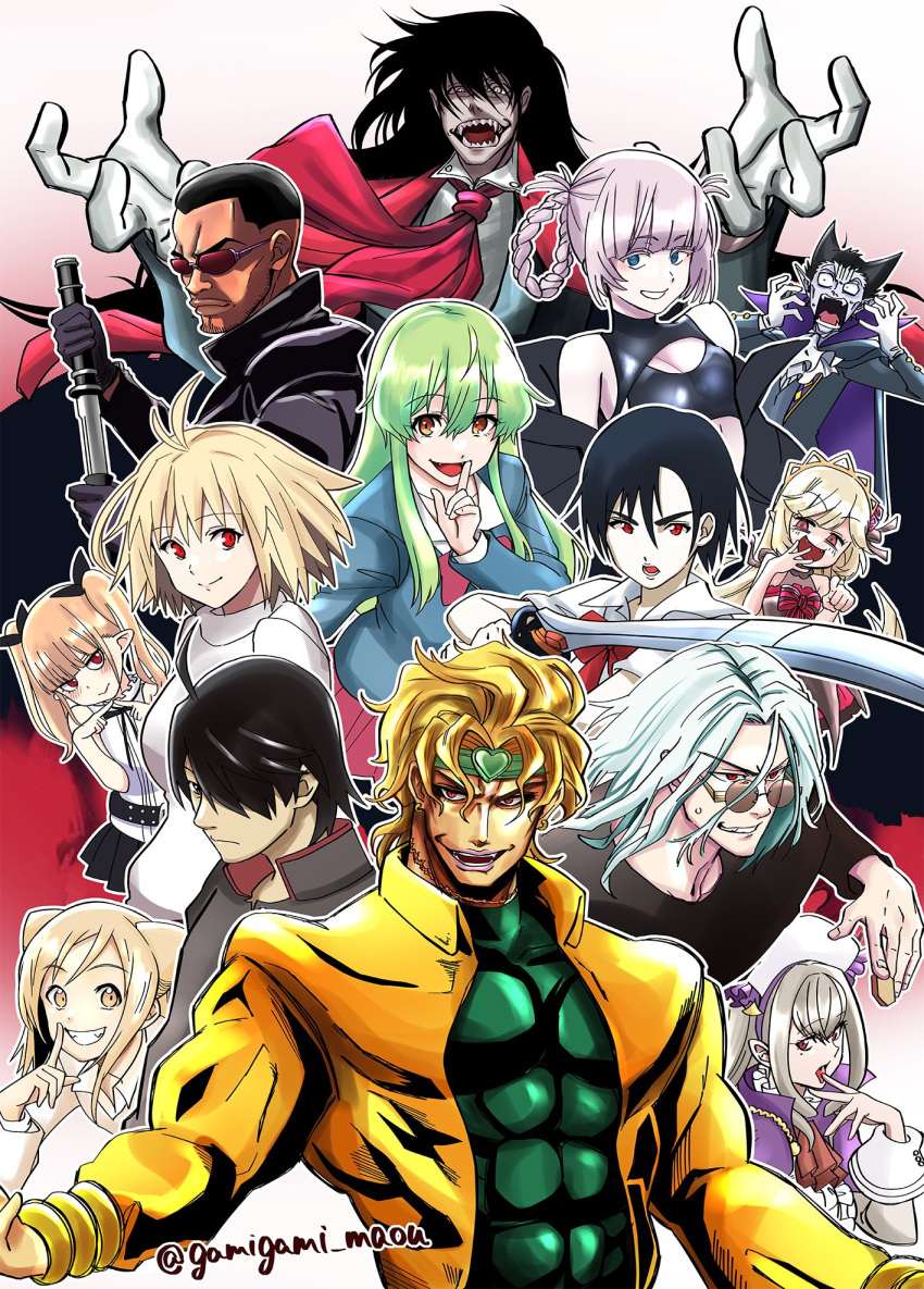 6+boys 6+girls alucard_(hellsing) araragi_koyomi arcueid_brunestud black_hair black_shirt blonde_hair blood+ blue_eyes brown_hair character_request copyright_request dark-skinned_male dark_skin dio_brando gamigami_maou_(artist) gloves green_hair hellsing highres holding holding_sword holding_weapon jacket jojo_no_kimyou_na_bouken long_sleeves looking_at_viewer monogatari_(series) multiple_boys multiple_girls muscular open_clothes open_jacket open_mouth otonashi_saya pointy_ears puffy_long_sleeves puffy_sleeves shirt smile stardust_crusaders sword tsukihime twintails twitter_username type-moon vampire wavy_hair weapon white_gloves white_shirt yellow_jacket