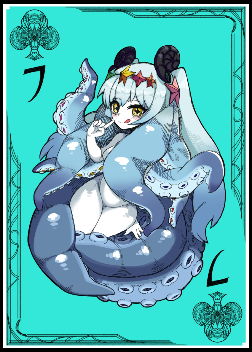 1girl :p absurdres black_souls blue_hair blue_skin breasts card card_(medium) club_(shape) colored_skin hair_ornament highres koshou_shou_mitsu kuti_(black_souls) long_hair monster_girl navel playing_card small_breasts solo star_(symbol) star_hair_ornament tentacle_hair tongue tongue_out topless