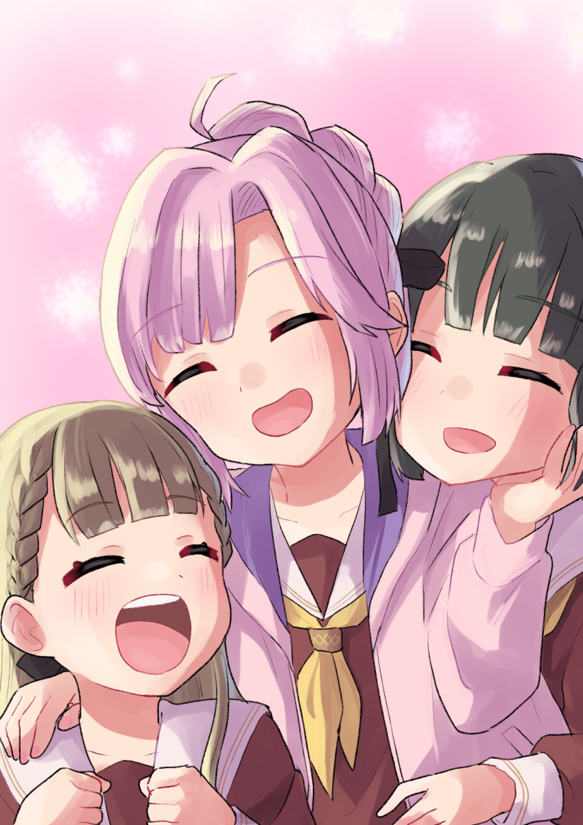 3girls ^_^ ahoge anyoji_hime black_hair black_ribbon blunt_bangs blush braid brown_dress brown_hair center-flap_bangs closed_eyes commentary dress hair_ribbon hand_on_another's_cheek hand_on_another's_face hand_on_another's_shoulder hasu_no_sora_school_uniform highres hood hooded_jacket jacket kachimachi_kosuzu link!_like!_love_live! long_hair long_sleeves love_live! massigura momose_ginko multi-tied_hair multiple_girls neckerchief open_clothes open_jacket open_mouth pink_background pink_hair pink_jacket ponytail ribbon sailor_collar sailor_dress school_uniform short_hair side_braids sidelocks smile swept_bangs teeth upper_teeth_only virtual_youtuber white_sailor_collar winter_uniform yellow_neckerchief