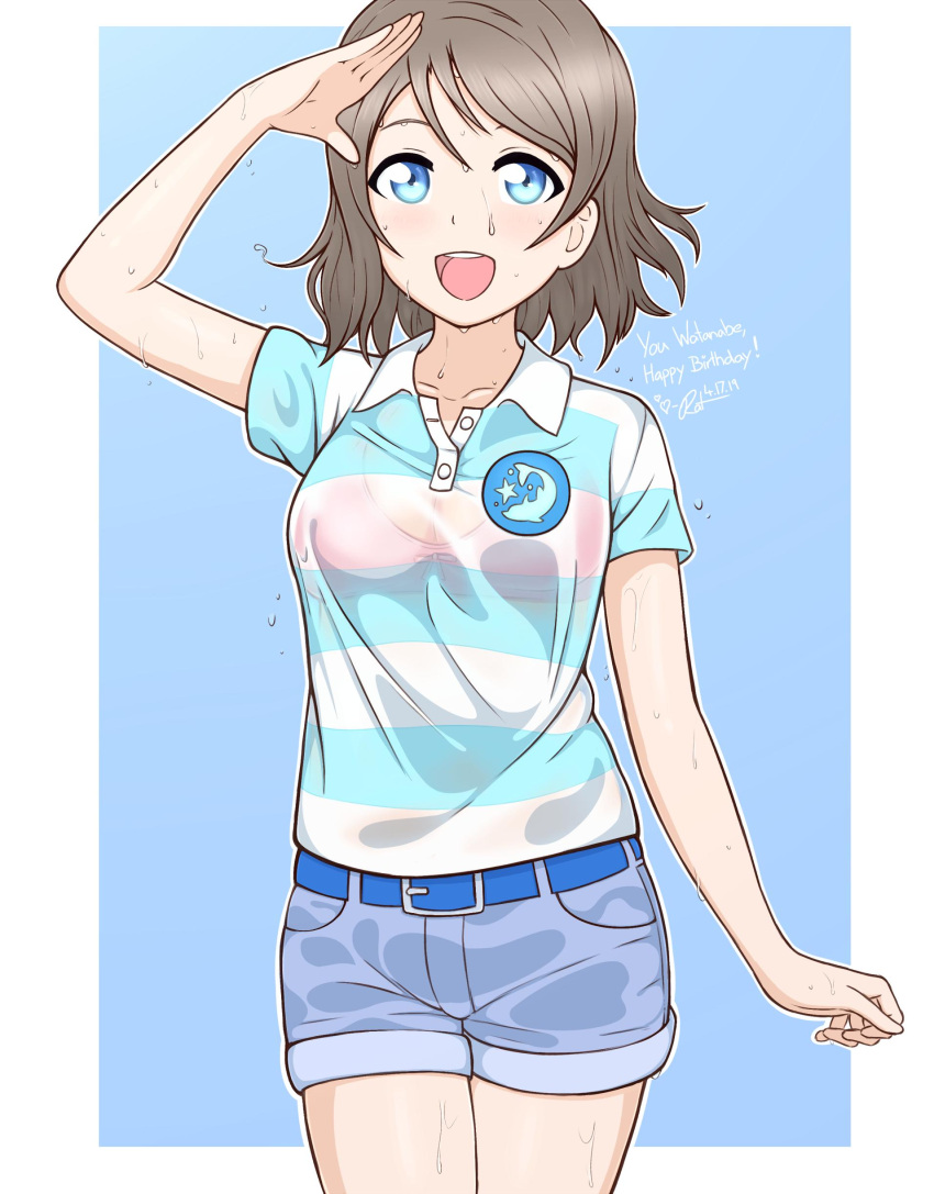 1girl absurdres blue_eyes blush brown_hair highres looking_at_viewer love_live! love_live!_sunshine!! ratsukare salute short_hair shorts simple_background smile solo thighs variant_set watanabe_you wavy_hair