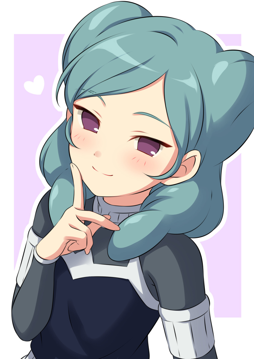 1girl absurdres beta_(inazuma_eleven) black_vest blue_hair blush bodysuit border closed_mouth finger_to_cheek grey_bodysuit heart highres inazuma_eleven_(series) inazuma_eleven_go inazuma_eleven_go_chrono_stone index_finger_raised long_sleeves looking_at_viewer outline purple_eyes sekina smile solo vest white_border white_outline