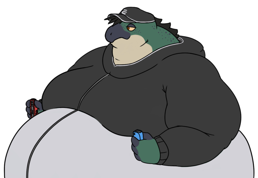 alpha_channel anthro belly big_belly clothed clothing cohozuna controller eddy_okapi fin fish game_controller green_body green_scales hat headgear headwear holding_controller holding_object joycon_controller king_salmonid male marine moobs morbidly_obese morbidly_obese_anthro morbidly_obese_male nintendo nintendo_controller nintendo_switch obese obese_anthro obese_male overweight overweight_anthro overweight_male salmonid_(splatoon) scales simple_background solo splatoon tan_body tan_scales transparent_background