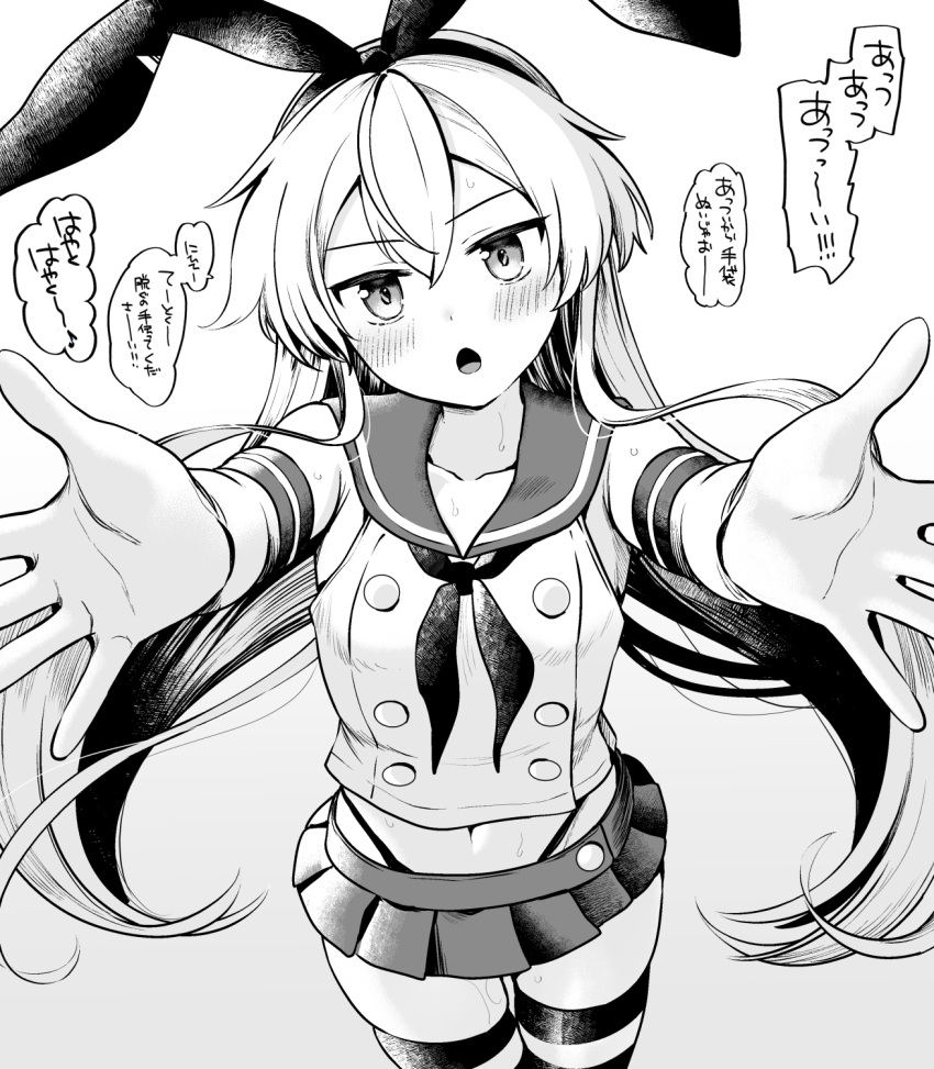 1girl commentary_request cowboy_shot crop_top elbow_gloves gloves greyscale hairband highleg highleg_panties highres incoming_hug kantai_collection long_hair microskirt miniskirt monochrome neckerchief panties pleated_skirt sailor_collar shimakaze_(kancolle) shirt skirt sleeveless sleeveless_shirt solo striped_clothes striped_thighhighs thighhighs translation_request underwear yunamaro