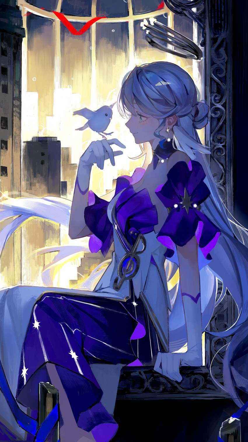 1girl absurdres arm_at_side arm_support bare_shoulders bird bird_on_hand blue_eyes blue_hair blush breasts building city closed_mouth detached_collar detached_sleeves dress earrings elbow_gloves feet_out_of_frame gloves hair_between_eyes hair_bun halo hand_up head_wings highres honkai:_star_rail honkai_(series) jewelry large_breasts long_hair looking_at_animal night outdoors pkokonatu profile purple_dress purple_sleeves robin_(honkai:_star_rail) short_sleeves sidelocks sitting skyscraper smile solo strapless strapless_dress treble_clef white_bird white_dress white_gloves wings