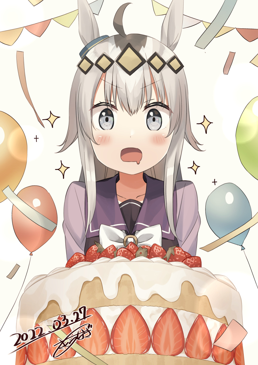 1girl absurdres ahoge balloon birthday blush cake commentary_request dated drooling food fruit grey_eyes grey_hair highres long_hair mouth_drool multicolored_hair oguri_cap_(umamusume) purple_shirt sailor_collar sakura_nagi shirt signature solo sparkle strawberry string_of_flags umamusume v-shaped_eyebrows