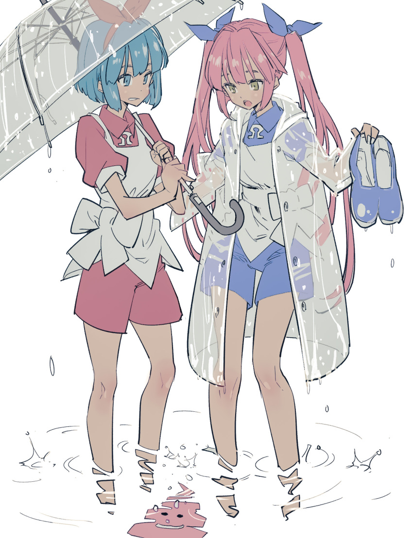 2girls apron blue_eyes blue_hair blue_ribbon blue_romper clenched_teeth coat commentary_request full_body grimace hair_ribbon hairband highres holding holding_shoes holding_umbrella hood hood_down hooded_coat long_sleeves looking_down multiple_girls omega_rei omega_rio omega_sisters open_clothes open_coat open_mouth parted_lips pink_hair puffy_short_sleeves puffy_sleeves red_hairband red_ribbon red_romper reflection reflective_water ribbon romper shoes short_hair short_sleeves siblings simple_background sisters standing tamo_(gaikogaigaiko) teeth transparent transparent_raincoat transparent_umbrella twintails umbrella virtual_youtuber wading water wet wet_clothes white_apron white_background yellow_eyes