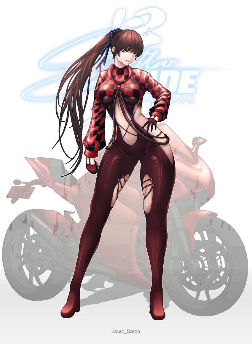 1girl absurdres azura_anblue blunt_bangs bodysuit breasts brown_eyes brown_hair checkered_clothes clothing_cutout copyright_name cropped_hoodie ducati english_commentary eve_(stellar_blade) gloves hair_ornament half_gloves hand_on_own_hip highres hood hoodie large_breasts long_hair looking_at_viewer motor_vehicle motorcycle navel ponytail racer's_high_(stellar_blade) red_bodysuit red_gloves red_hoodie skin_tight smile solo stellar_blade very_long_hair white_background