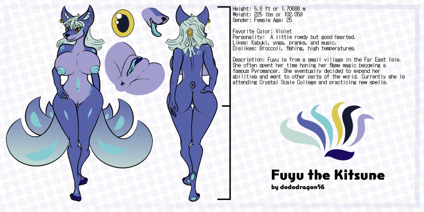 2:1 6_tails anthro anus asian_mythology blue_body canid canine dododragon56 dotted_background east_asian_mythology english_text female fox fuyu_the_kitsune_(dododragon56) genitals hands_on_hips hi_res japanese_mythology jewelry lips mammal model_sheet multi_tail mythology nude pattern_background pussy simple_background solo spreading text tongue tongue_out