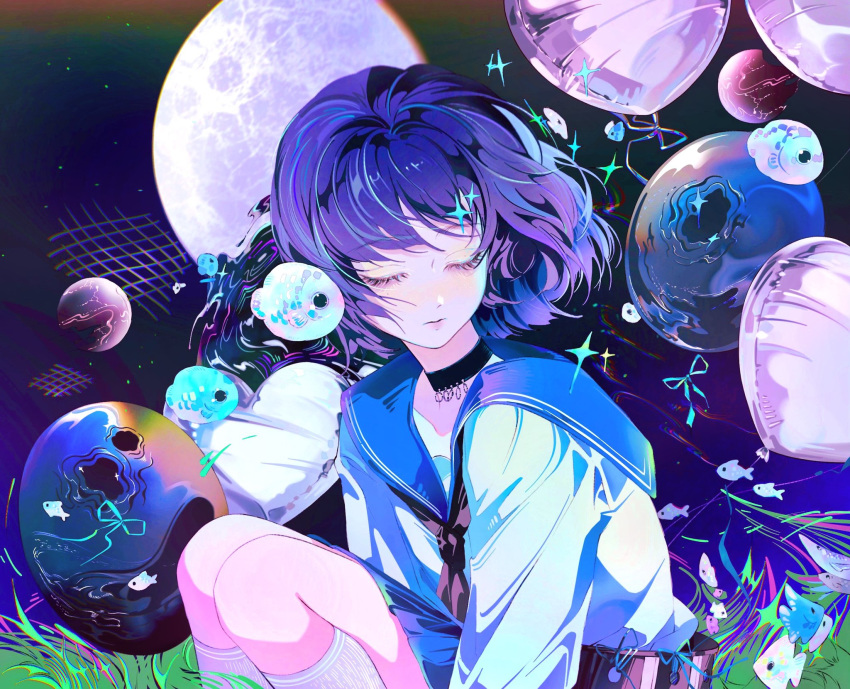 1girl balloon black_choker blue_sailor_collar blush bow choker cirrika closed_eyes closed_mouth eyelashes fish grass handkerchief highres kneehighs lips moon night night_sky original planet pleated_skirt purple_hair sailor_collar school_of_fish school_uniform shirt short_hair skirt sky socks star_(sky) white_shirt white_socks wispy_bangs