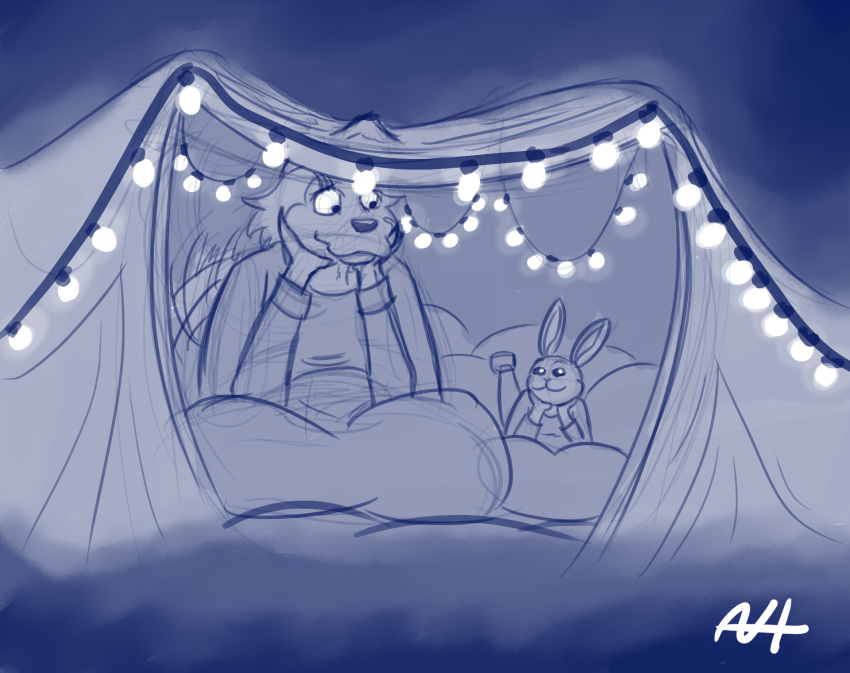 aleks_howes anthro beastars blue_and_white canid canine canis duo female fortress hand_on_face haru_(beastars) hi_res lagomorph legoshi_(beastars) leporid lights male mammal monochrome pillow rabbit size_difference smile staring_into_eyes tent wolf