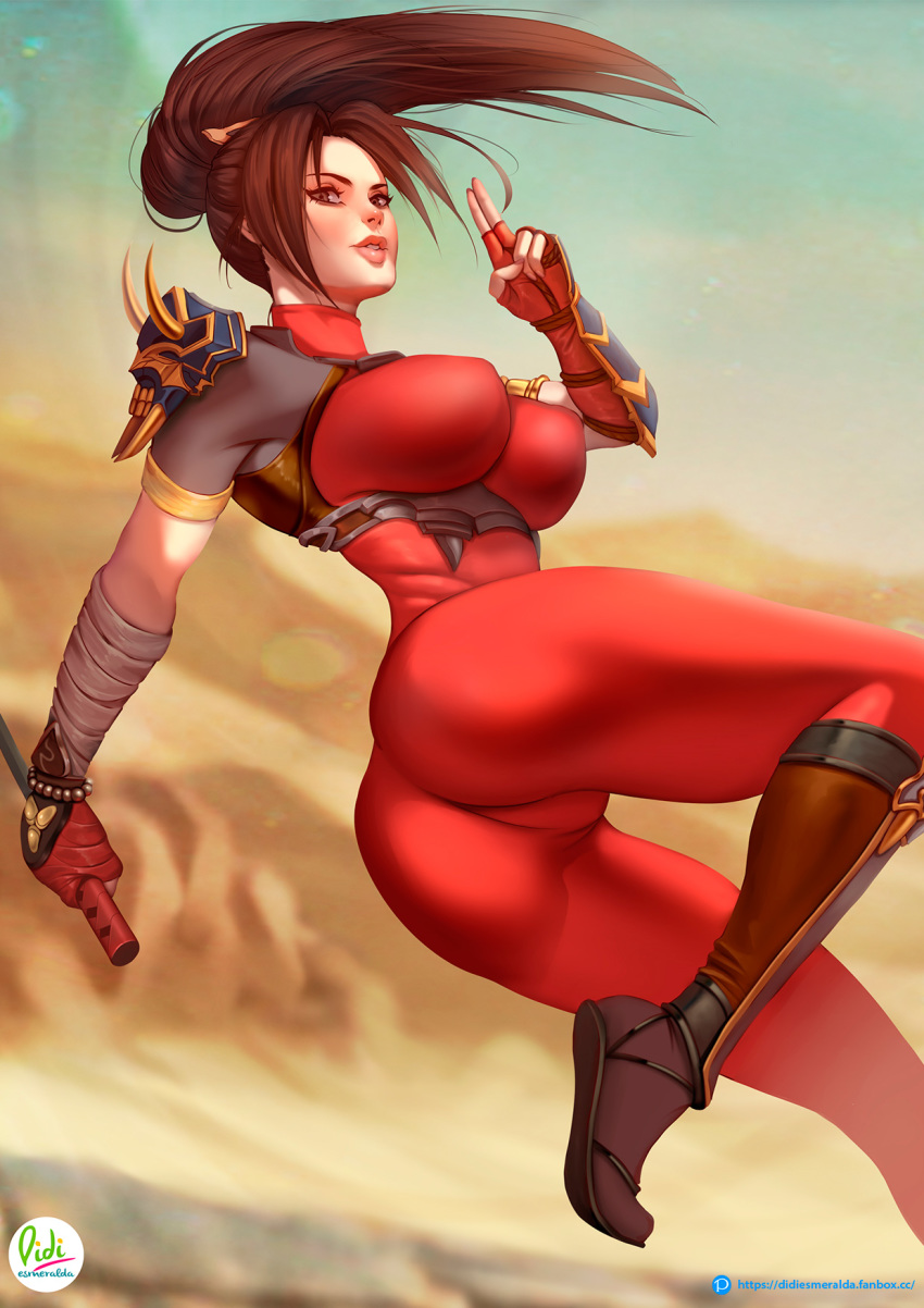 1girl arm_guards armor ass bandaged_arm bandages bangs blue_sky blurry blurry_background bodysuit breasts brown_eyes brown_hair covered_nipples didi_esmeralda english_commentary fingers_together hair_ornament hair_stick high_ponytail highres holding holding_sword holding_weapon large_breasts ninja outdoors parted_bangs parted_lips red_bodysuit reverse_grip sand shoulder_armor skin_tight sky soulcalibur sword tabi taki_(soulcalibur) thighs twisted_torso underbust weapon