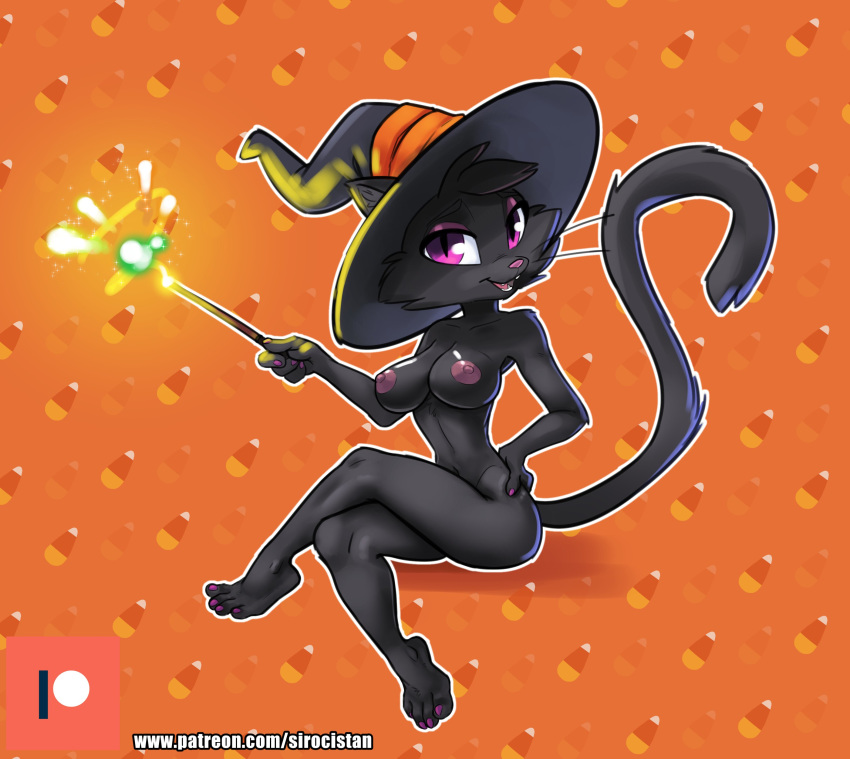 2019 absurd_res anthro black_body black_fur breasts candy candy_corn clothing dessert domestic_cat felid feline felis female food full-length_portrait fur halloween hand_on_hip hat hat_only headgear headgear_only headwear headwear_only hi_res holidays looking_at_viewer magic magic_user magic_wand mammal mostly_nude nipples portrait siroc sitting solo witch witch_hat