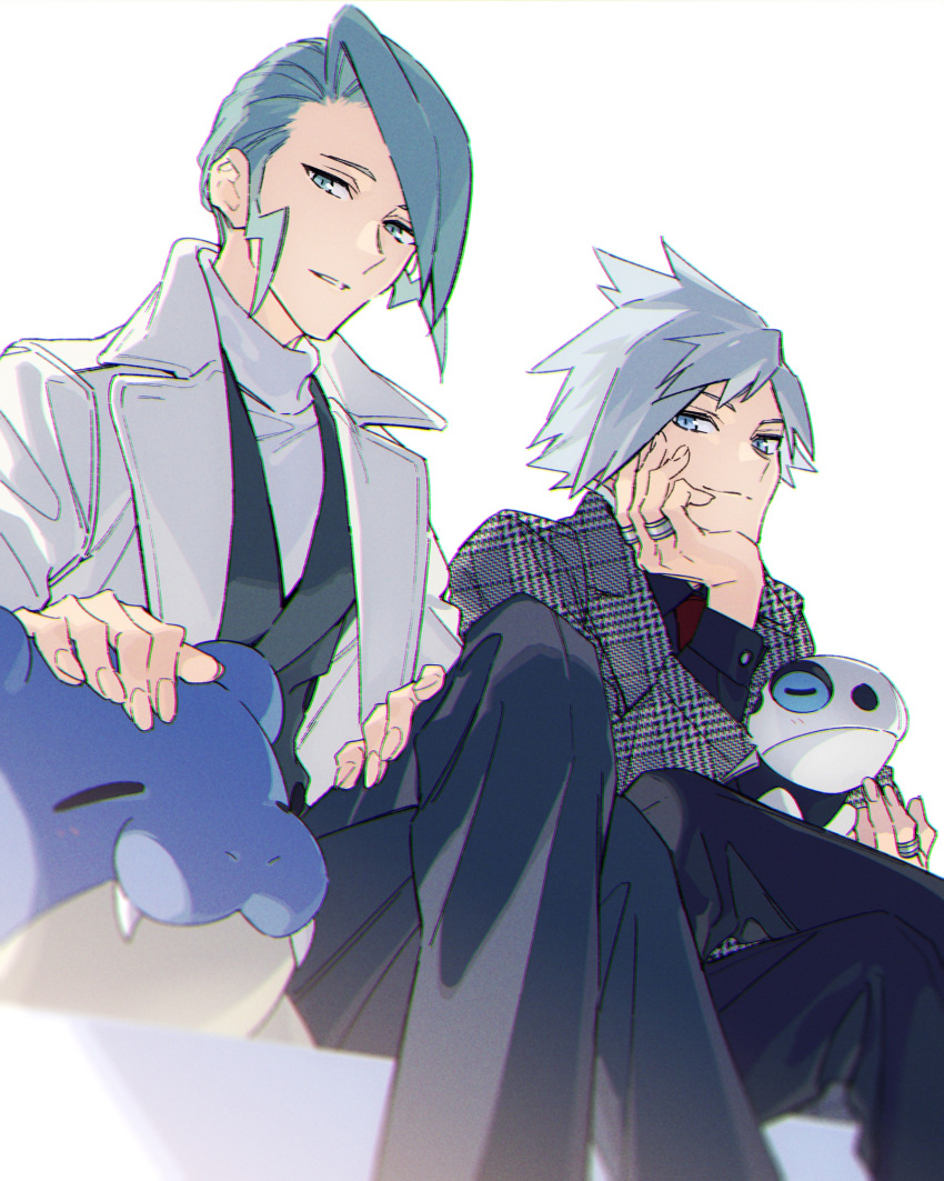 2boys alternate_costume aron bangs black_pants black_shirt closed_mouth commentary_request crossed_legs fingernails gen_3_pokemon green_hair grey_hair grey_jacket hand_on_own_cheek highres jacket jewelry looking_at_viewer male_focus multiple_boys necktie on_lap pants parted_lips pokemon pokemon_(creature) pokemon_(game) pokemon_on_lap pokemon_rse red_neckwear ring shirt smile spheal spiked_hair steven_stone wallace_(pokemon) xia_(ryugo)