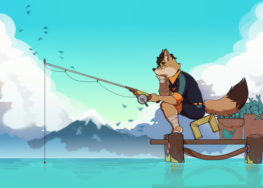 2020 ambient_bird anthro avian bird bonasiah bottomwear brown_body brown_fur canid canine clothing deebo_(zoohomme) detailed_background fishing fishing_rod fur hi_res kemono male mammal outside quanjiang shirt shorts sitting solo topwear water zoohomme